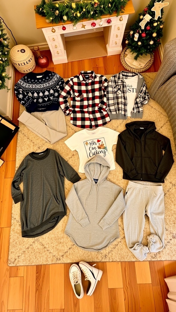 Casual Christmas party outfits for friends displayed in a festive living room setting.